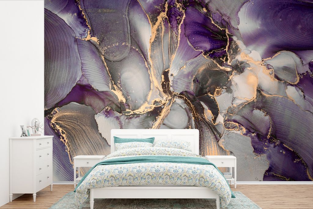 MuchoWow Fototapete für Wohnzimmer oder Schlafzimmer Wandtapete Vinyl Motivtapete Gold - Lila - Marmor - 330x220 cm - Fototapeten