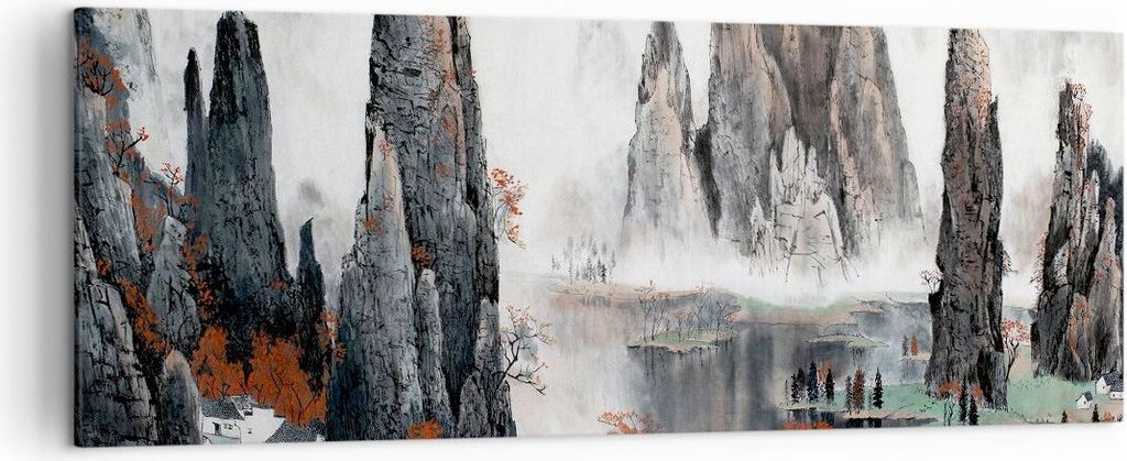 Bild auf Leinwand - Leinwandbild - Berge Märchen Nebel - 140x50cm - Wand Bild - Wanddeko - Leinwanddruck - Bilder - Kunstdruck - Wanddekoration - ...