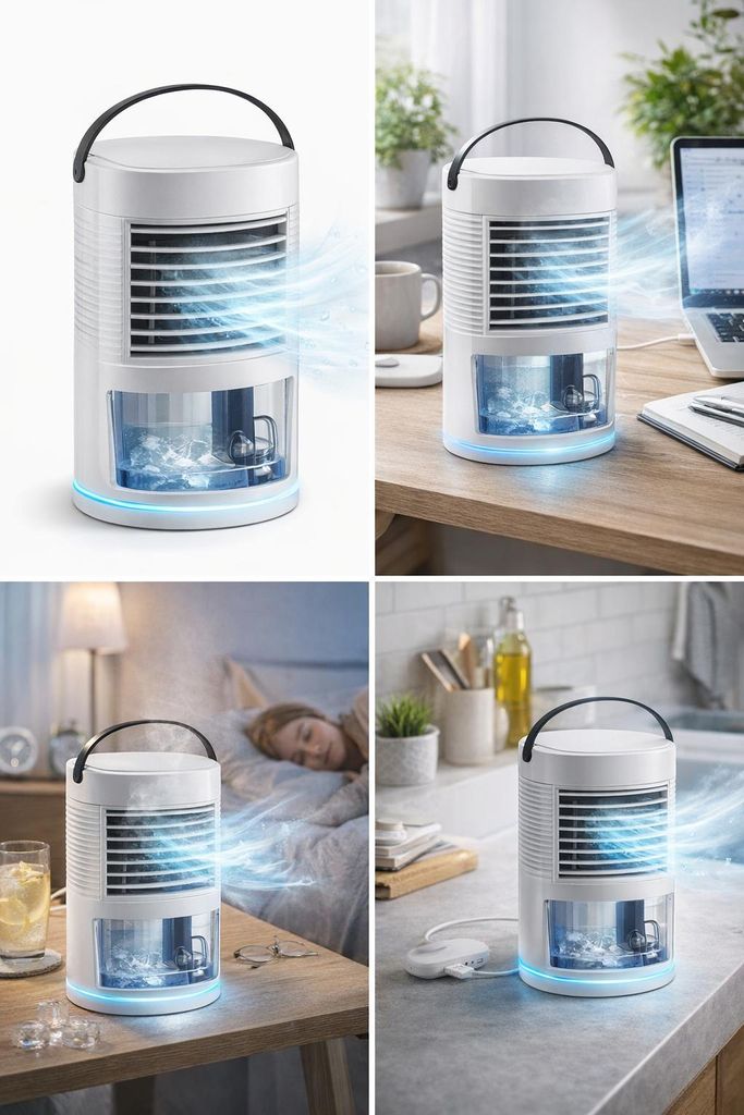 Mini Luftkühler 3-in-1 – Tragbarer Air Cooler mit Befeuchtung & LED-Licht