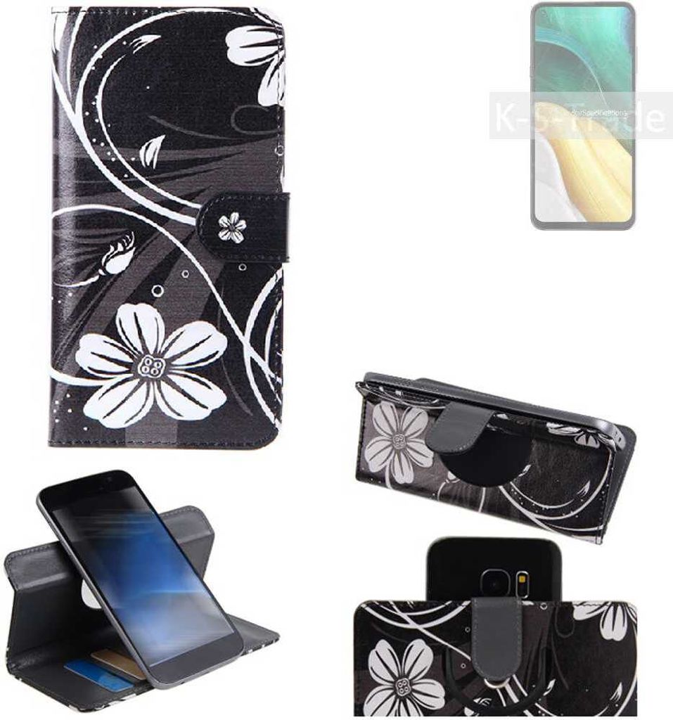 K-S-Trade Schutzhülle Handyhülle kompatibel mit HiSense Infinity H50 Hülle 360° Wallet Case ''Flowers'' Klapphülle Hülle schwarz-weiß 1x