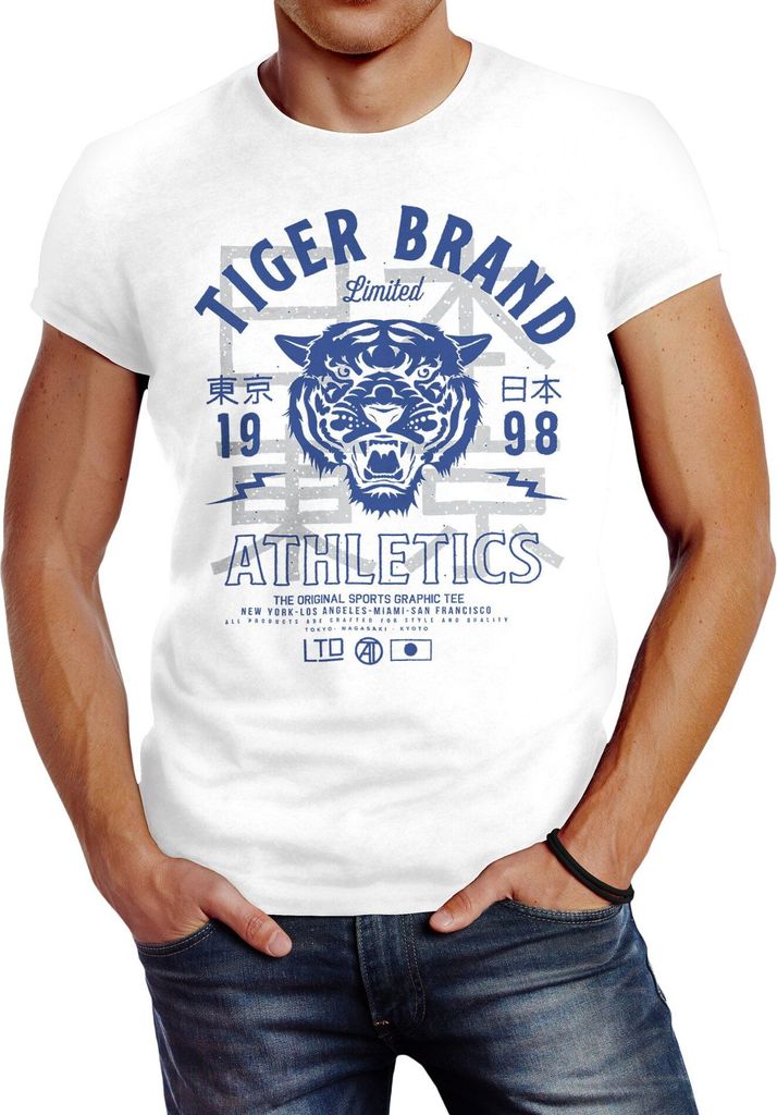 Herren T-Shirt Tiger Brand Tokyo Supply Japan Athletics Sport Aufdruck Slim Fit Neverless weiß-blau XS
