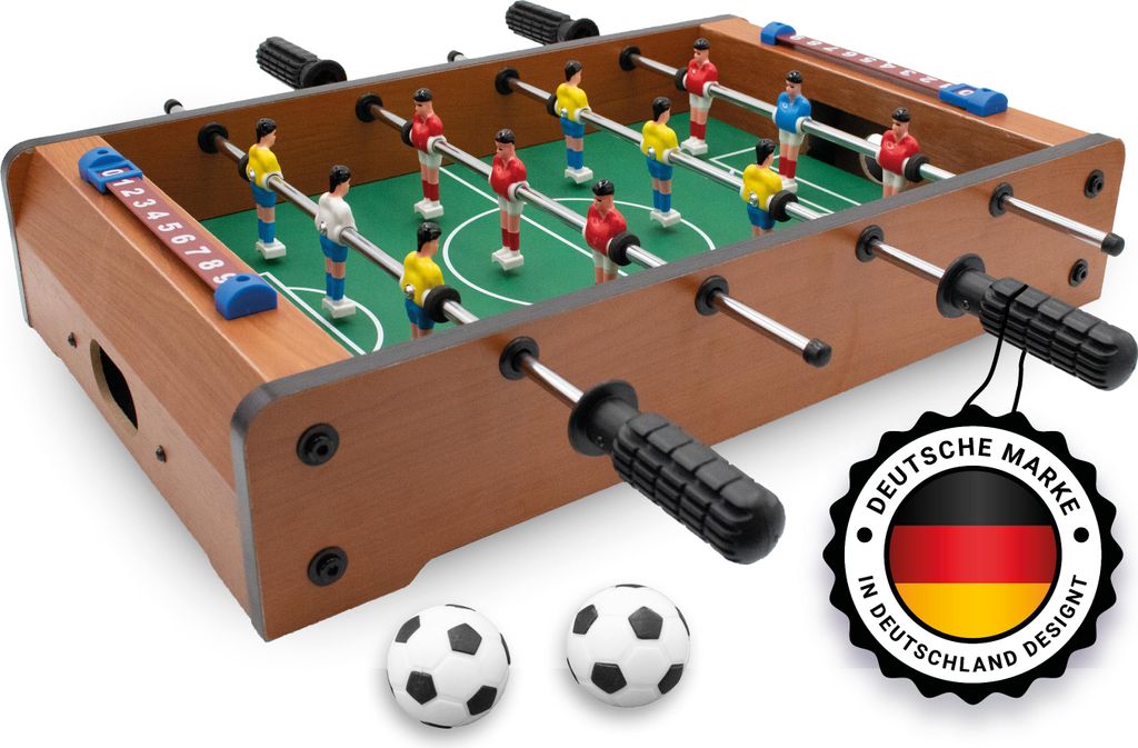 Kyto Mini Tischkicker für Kinder und Erwachsene - kleiner Kickertisch, Tischfußball 51x31x10 cm, aus Holz, Inkl. 2x Kicker Bälle