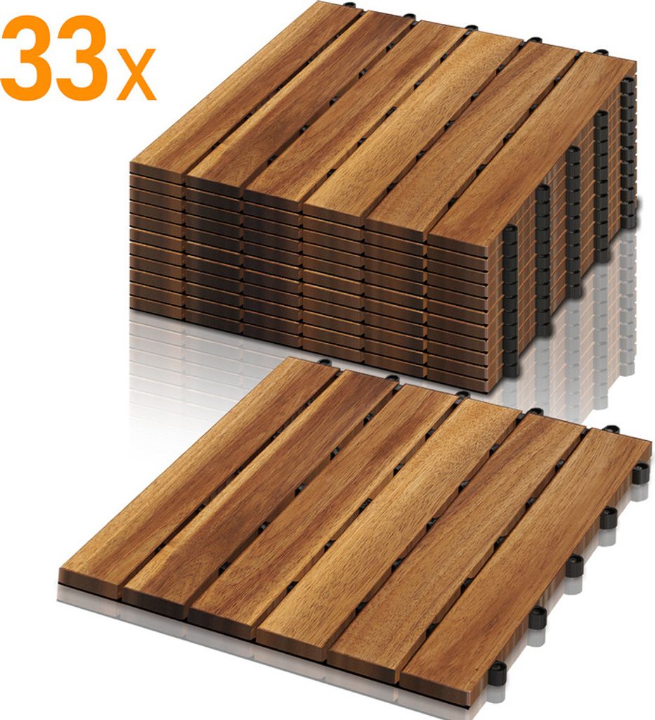 Jopassy Holzfliesen aus Akazien Holz 30x30cm, 6 Latten Fliese 3m², Bodenfliesen für Terrassen und Balkon(33 Stück)