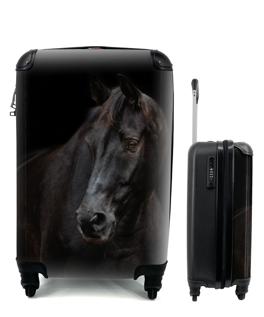 MuchoWow Koffer Handgepäck Trolley Rollkoffer Kleine Reisekoffer mit 4 Rollen - Pferd - Leicht - Schwarz - Cabin Size < 55x40x23 cm & 55x40x20 c...