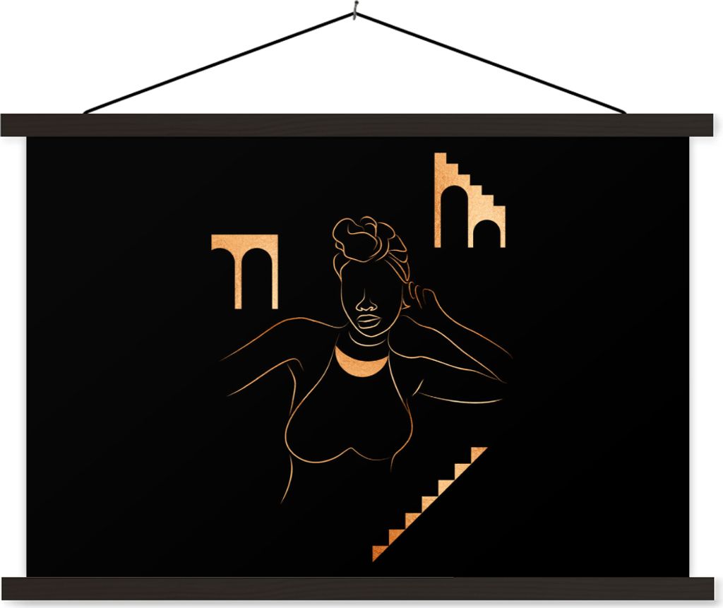 MuchoWow Textilposter Frau - Gold - Strichzeichnung 120x80 cm mit schwarzem Rahmen - Wanddeko