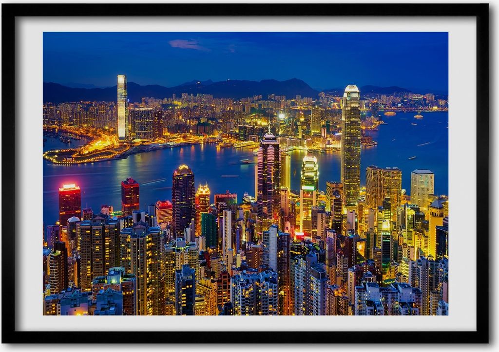 Bild - Bilder - Bilderrahmen - 70 cm x 50 cm - MDF-Rahmen, Wandkunst Hong Kong in der Nacht