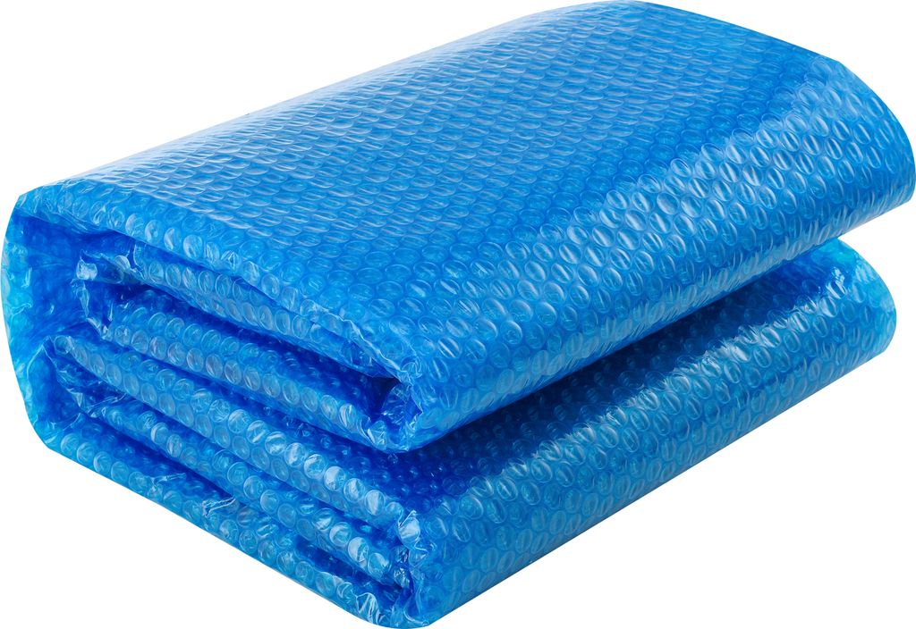 A folded blue solar pool cover.