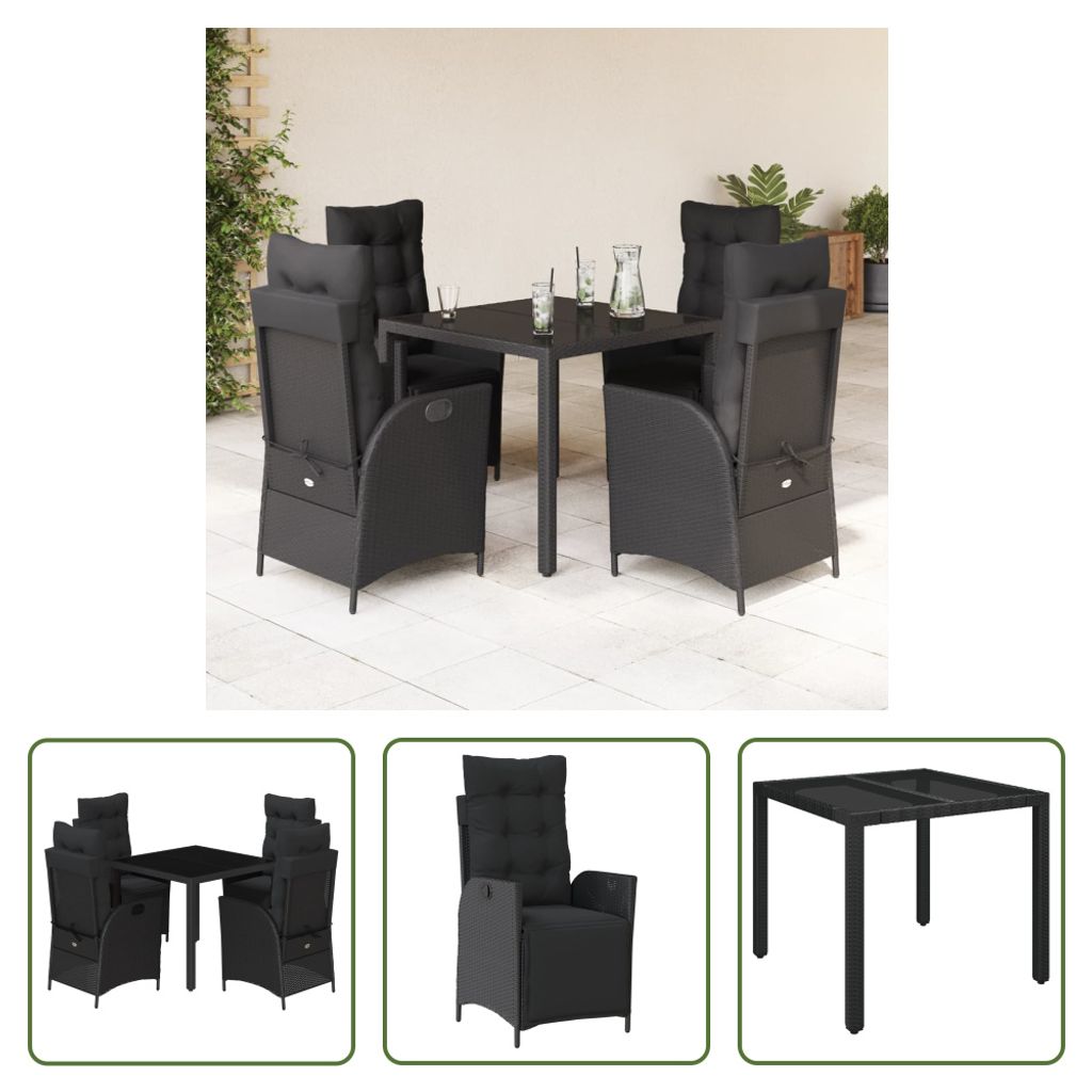The Living Store 5-tlg. Garten-Essgruppe mit Kissen Schwarz Poly Rattan