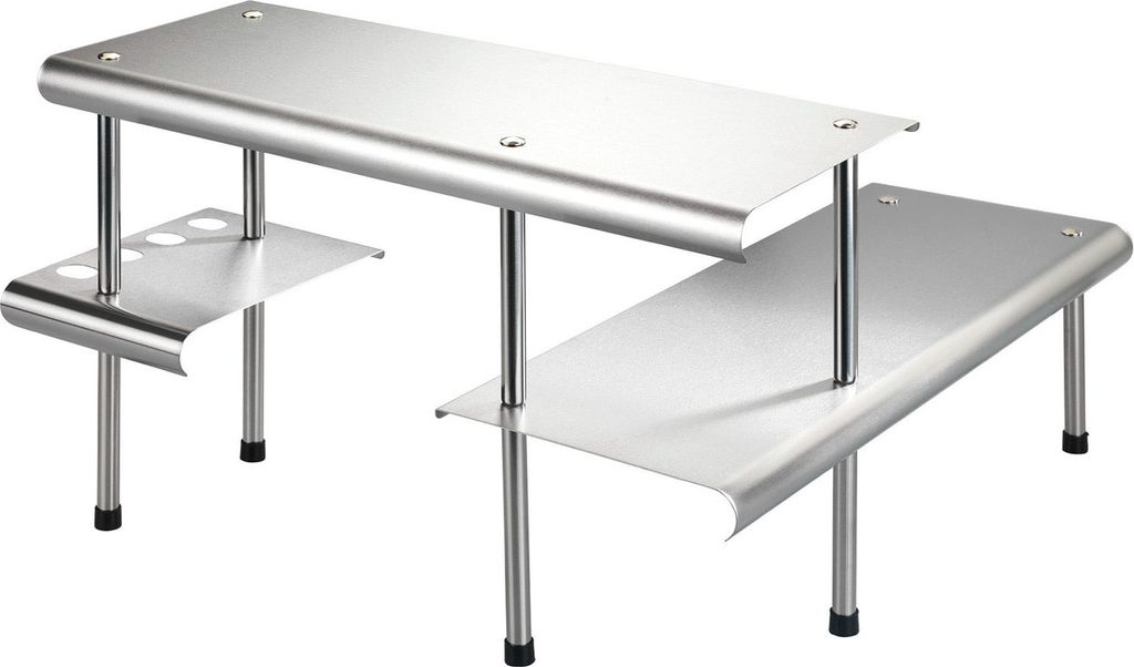 A stainless steel multi-tiered shelf organizer, likely for a kitchen, with two shelves on the right and a smaller shelf with holders on the left.