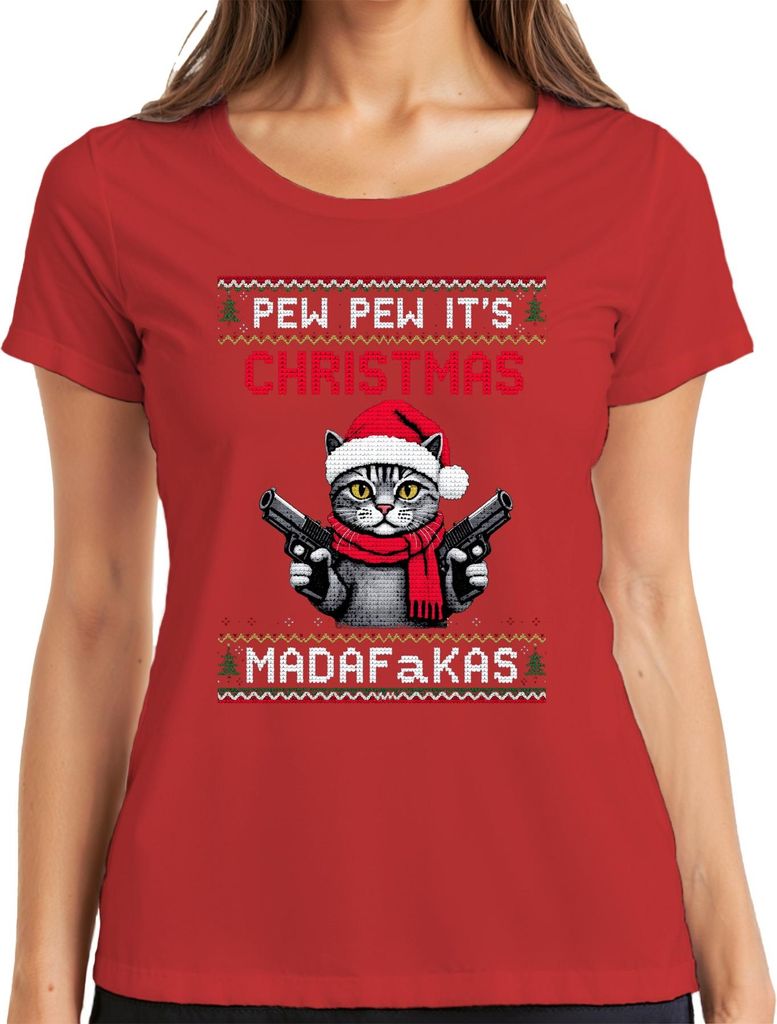 Pew Pew It's Christmas Madafakas Katze Pistolen Weihnachten Damen T-Shirt, Rot, XXL