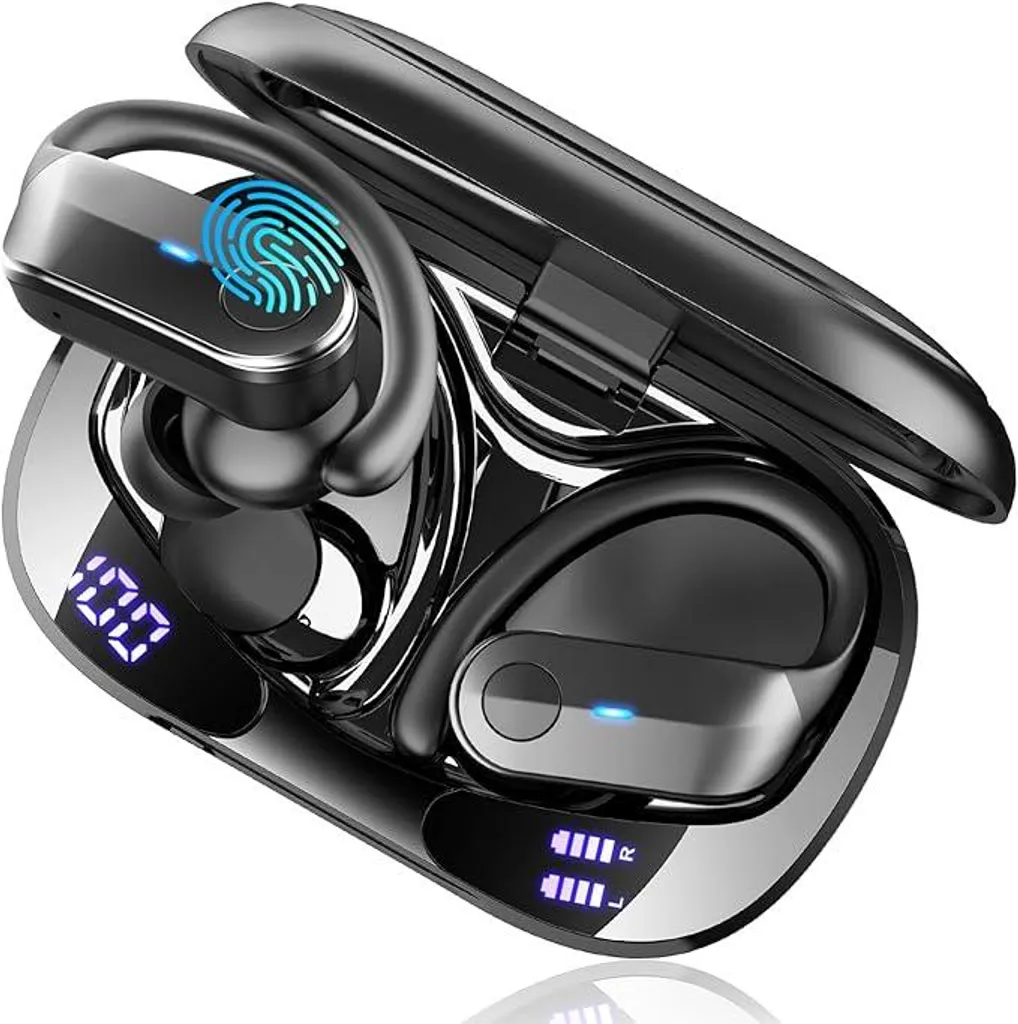 In Ear Kopfhörer mit 4 Noise Cancelling Mics, HiFi Stereo Tiefer Bass Kabellose Kopfhörer mit Ohrhaken, IPX8 Wasserdicht Ohrhörer, LED-Anzeige USB-C