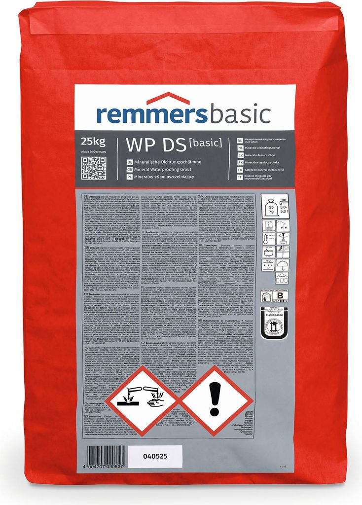 A red bag of Remmers WP DS basic waterproofing powder.