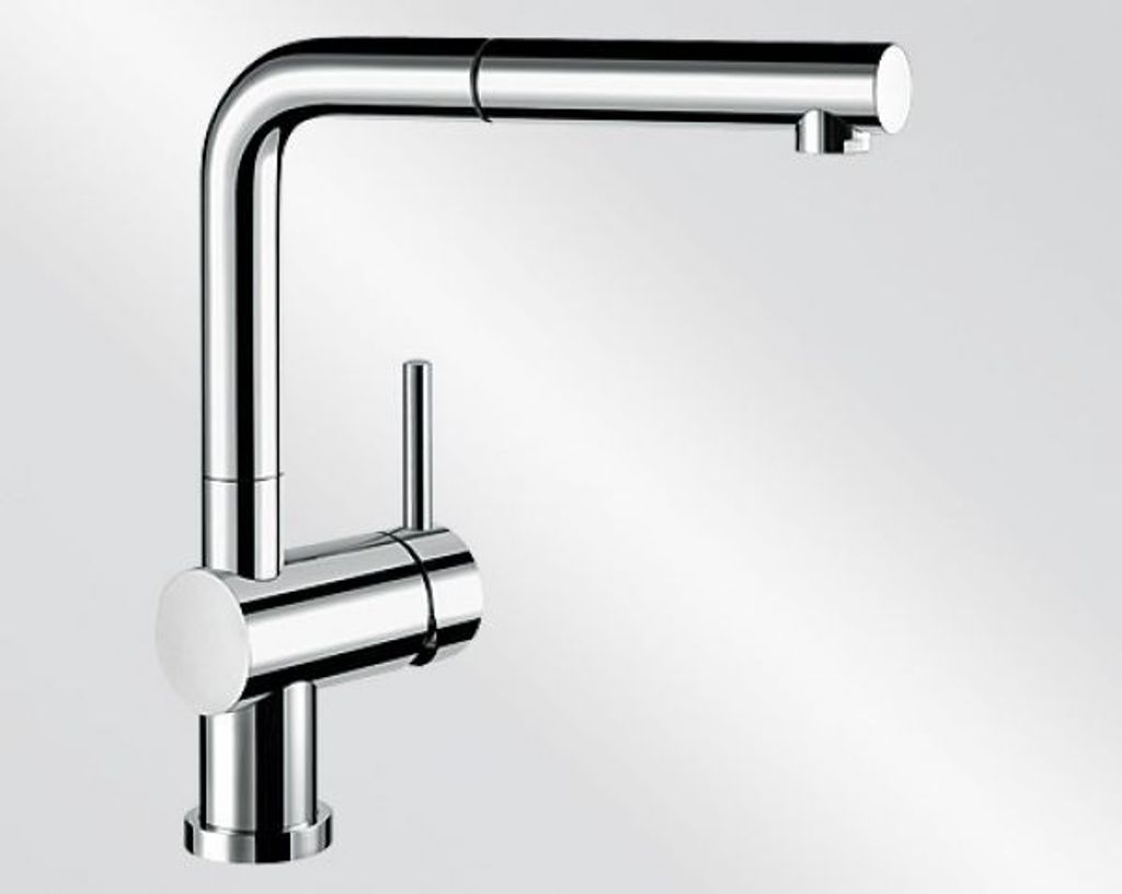 A studio shot of a chrome kitchen faucet against a gradient background.