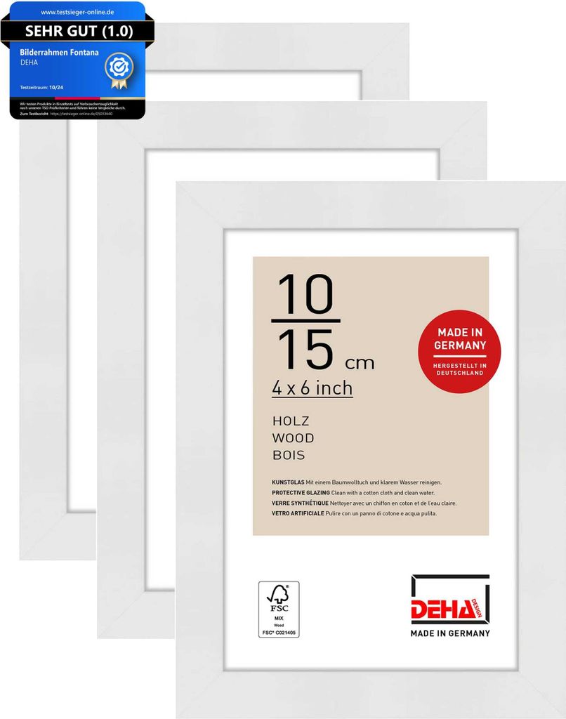 DEHA Design 3er SET Holz Portraitrahmen, Bilderrahmen Fontana, 10x15 cm, Weiß