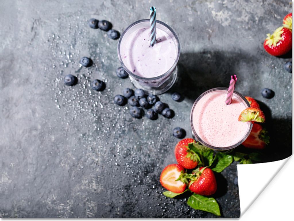 MuchoWow Poster Smoothie - Obst - Erdbeere - Beere - Marmor 120x90 cm - Wandbild