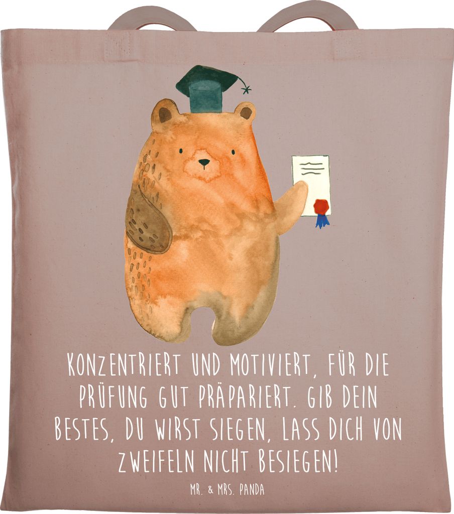 Mr. & Mrs. Panda Schultasche Prüfungen bestehen - Braun Pastell - Geschenk, Tote Bag, Inspiration, Beutel, Trost, Vertrauem, Jutebeutel, Unterstü...