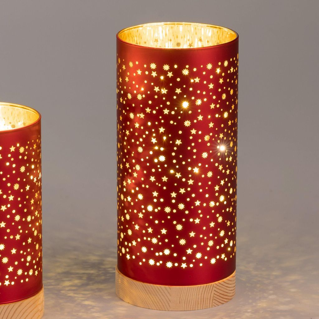 LED Tischlampe Zylinder STARS Sterne rot H. 20cm aus Glas Formano W25