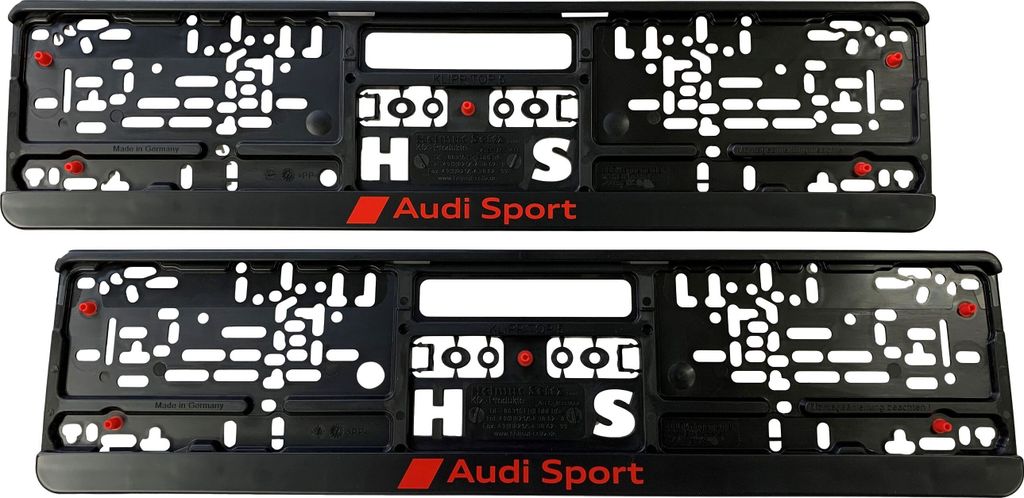 Two black Audi Sport license plate holders are shown against a white background.