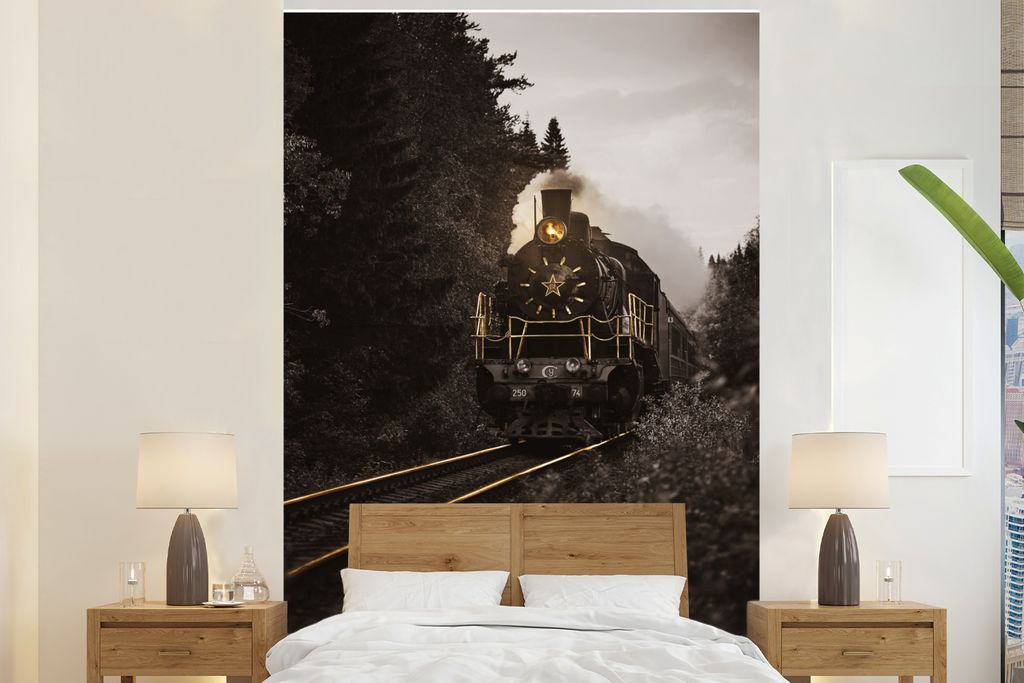 MuchoWow Fototapete für Wohnzimmer oder Schlafzimmer Wandtapete Vinyl Motivtapete Zug - Schwarz - Gold - 195x300 cm - Das Hintergrundbild