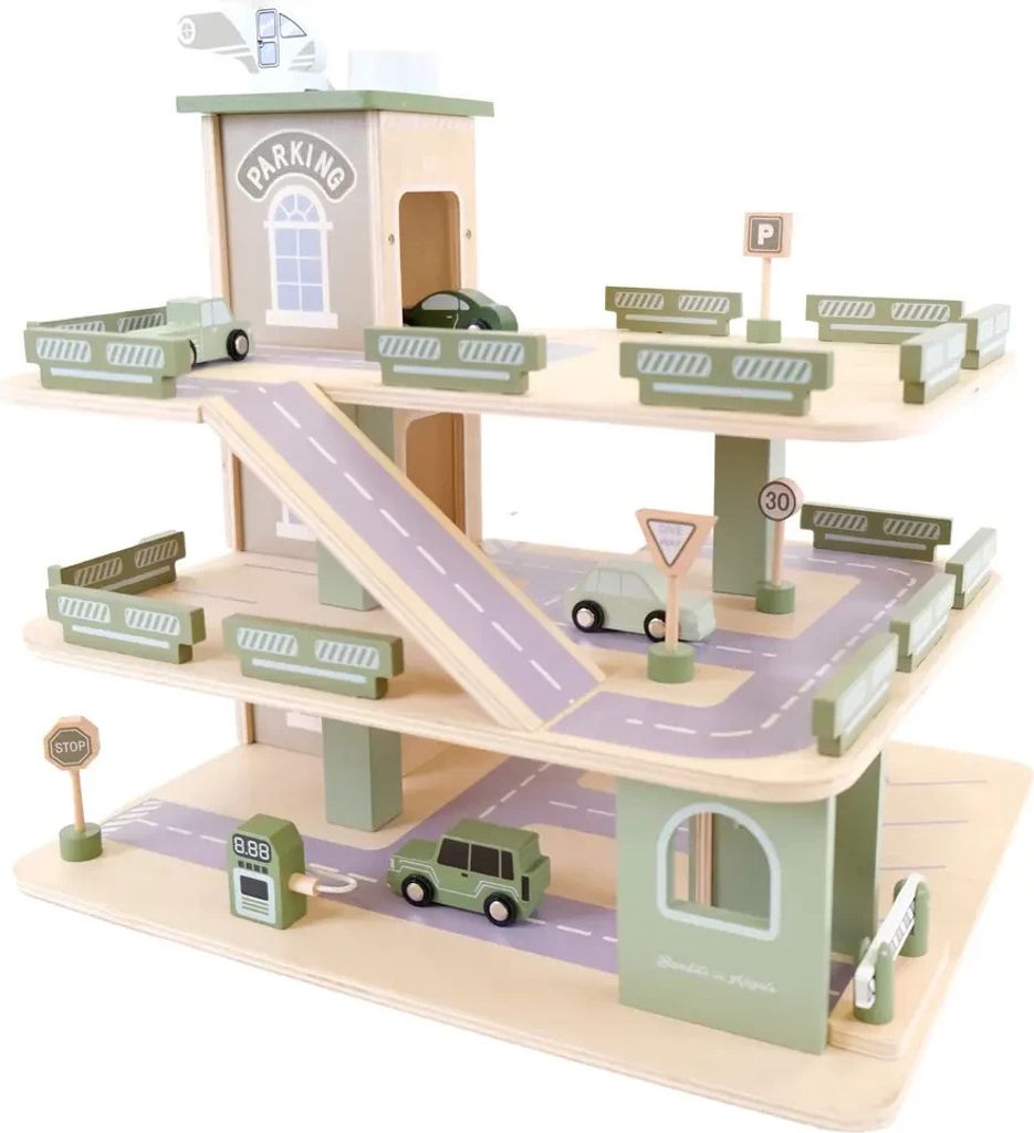 A wooden toy parking garage with multiple levels, ramps, and toy cars.
