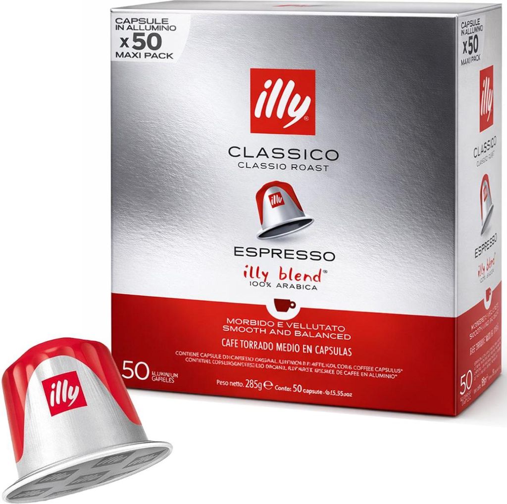 A box of Illy Classico espresso capsules and one capsule shown separately.