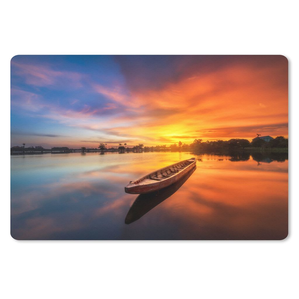 MuchoWow Schreibtischunterlage Boot - Wasser - Sonnenuntergang - Orange - Wasser 60x40 cm - XXL Mauspad - Großes Mauspad