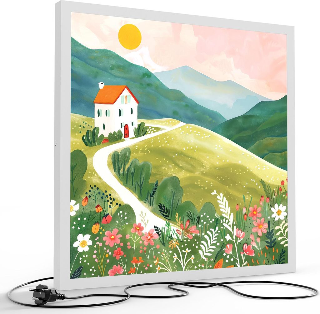 DEQORI LED-Bild & Lampe 60x60 cm Weiß 'Haus im Blütental' Leuchtbild LED Wandbild Leuchte