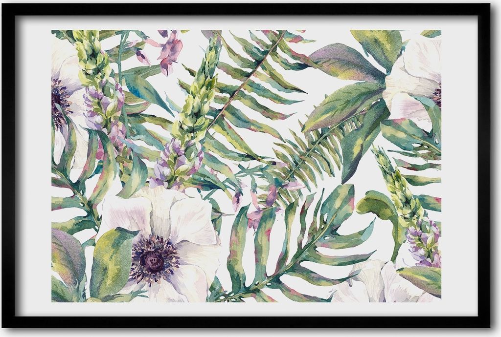 Bild 60x40 MDF-Rahmen, Wandkunst Farne und Blumen
