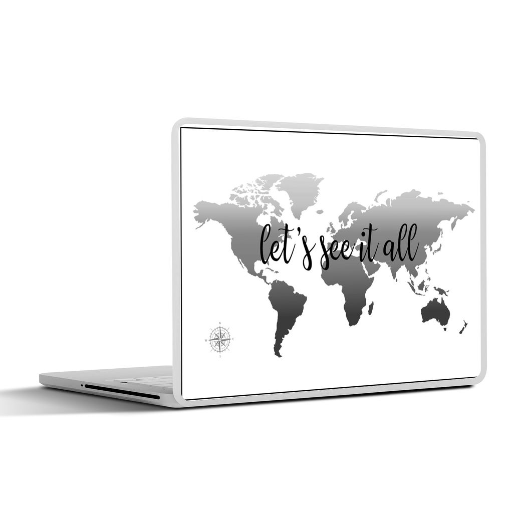 MuchoWow Laptop Aufkleber Sticker Cover Weltkarte ohne Grenzen und schwarzer Text - schwarz-weiß 40x30 cm - Laptop Dekoration - Selbstklebend