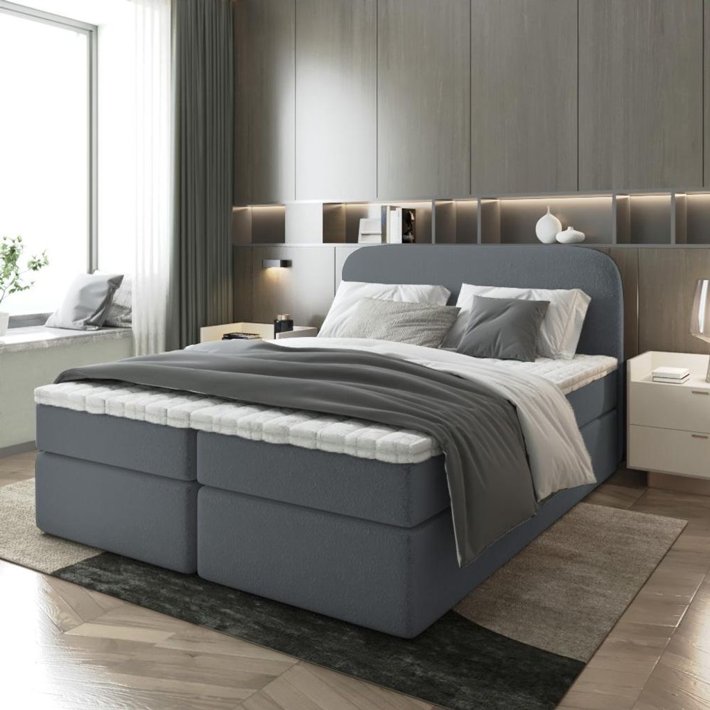 Bett, Boxspringbett BONA mit Bettkästen und T25 Topper, Doppelbett, Stauraum, Schlafzimmer, Polsterbett, Bettgestell 160x200 (Dunkelgrau - Coral 80)