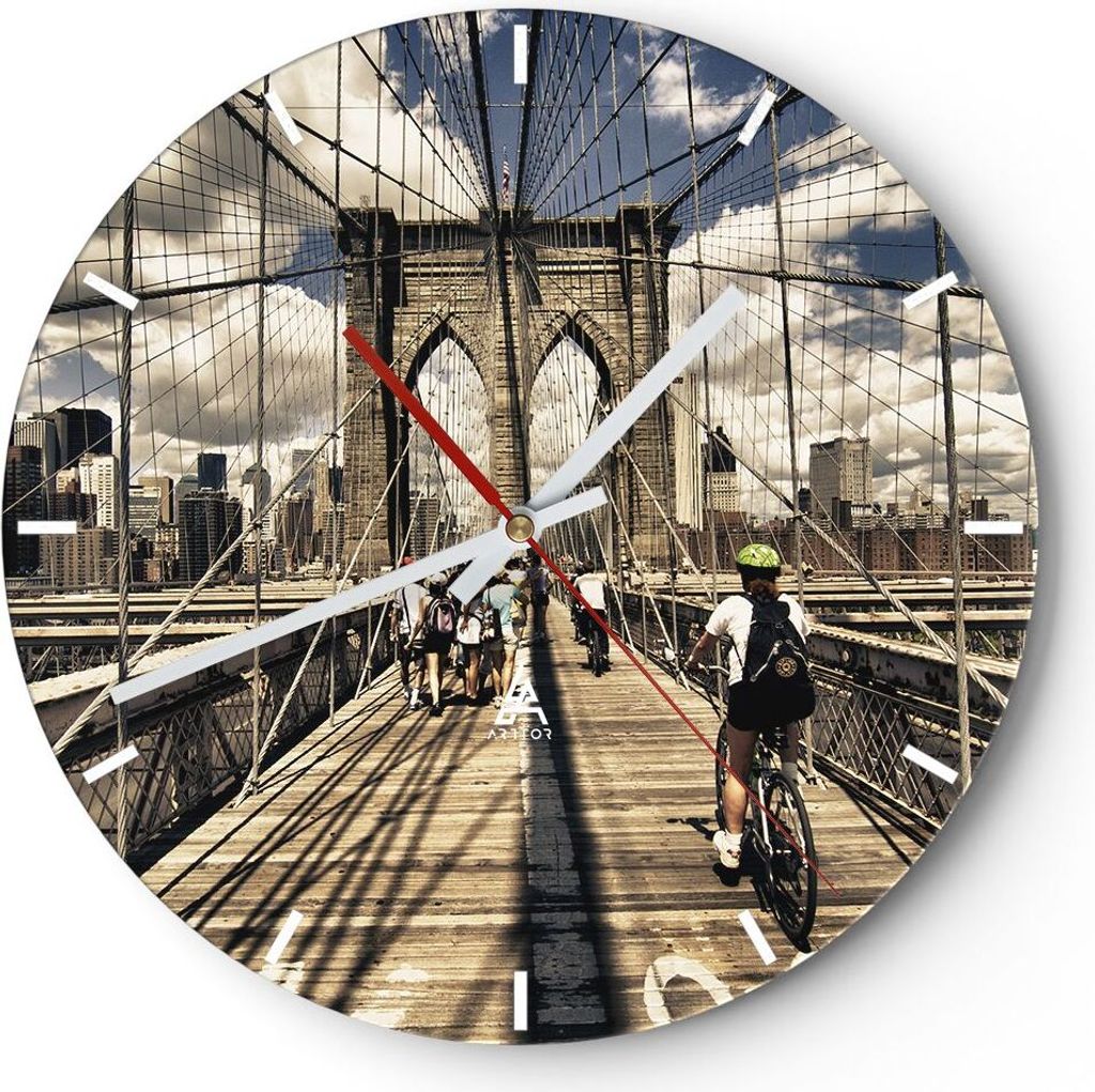 Wanduhr - Rund - Glasuhr - Amerika brooklyn brücke bau - 30x30cm - Schleichendes Uhrwerk - Lautlos - zum Aufhängen bereit - Dekoration Modern - W...