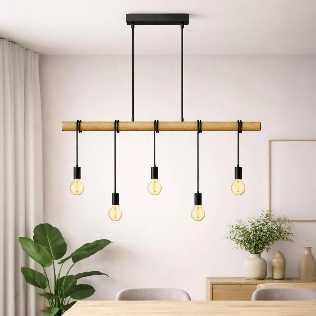 Luminaire Plafonnier Rétro avec Finition Noir Mat et Détails en Bois