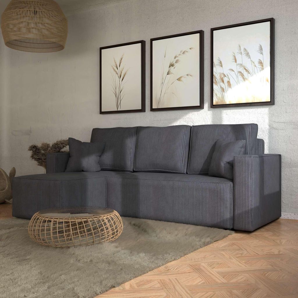 QLA Möbel Ecksofa Madrid mit Schlaffunktion, Sofa mit Bettkasten, Wohnzimmersofa, Couch, Soffa, Bettsofa. Farbe: Grau