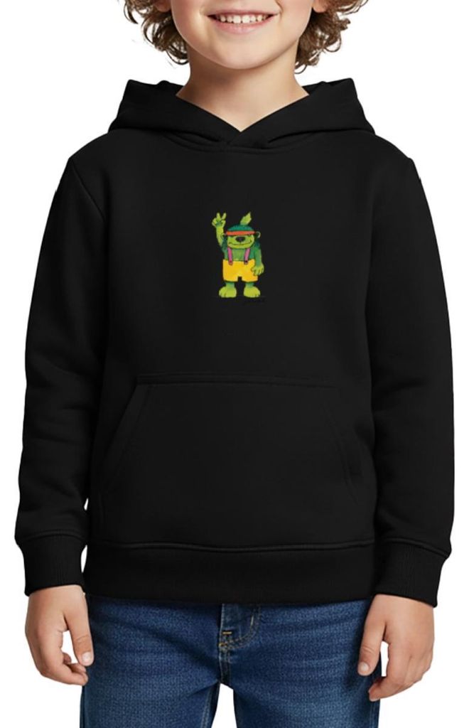 Spreadshirt Janosch Emil der Grünbar Peace Kinder Premium Hoodie, 158/164 (12 Jahre), Schwarz