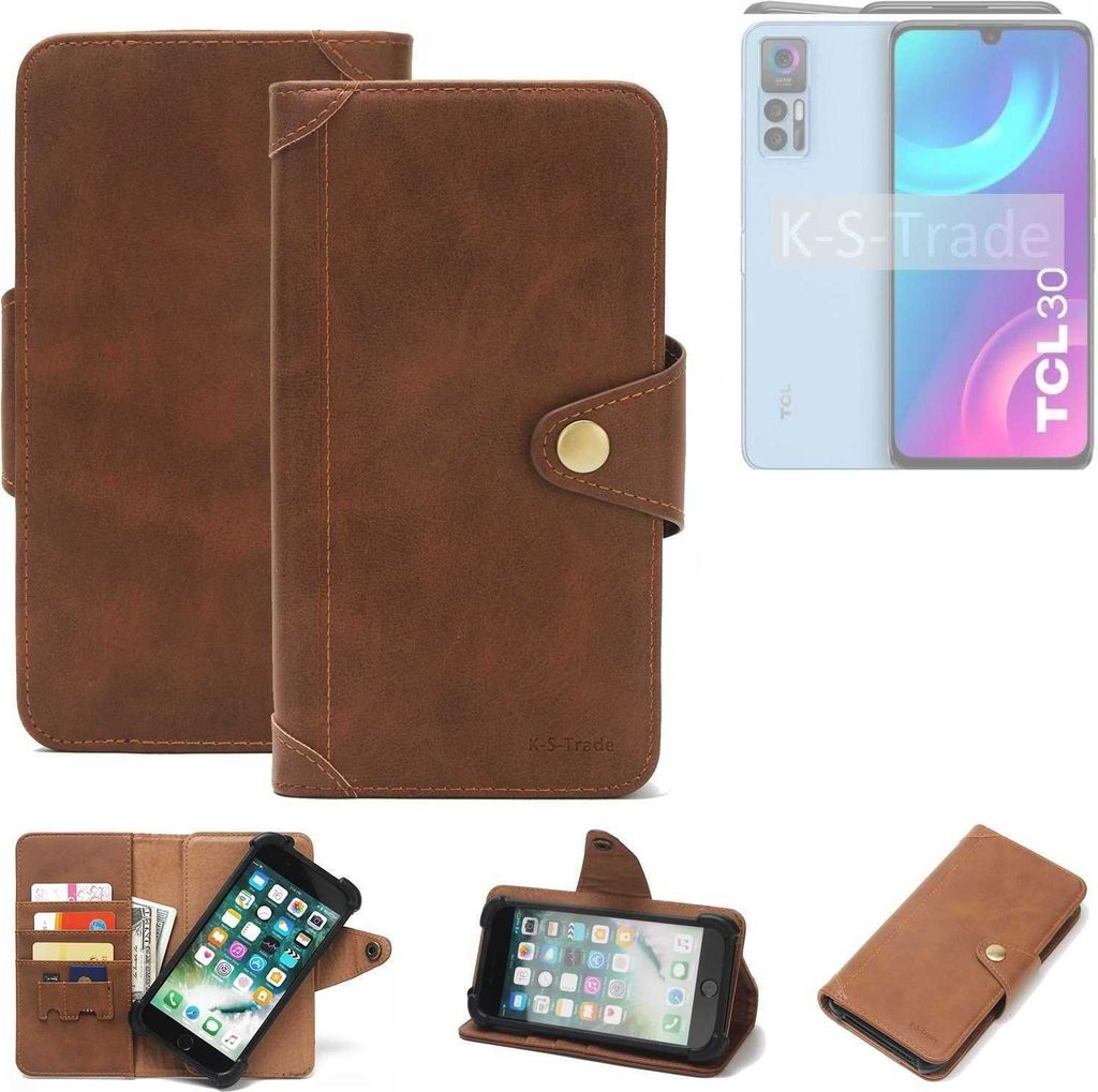 K-S-Trade Handyhülle kompatibel mit TCL 30+ Schutz Hülle Walletcase Bookstyle Tasche Case Handytasche Wallet Flipcase Cover PolyurethanBraun (1x)