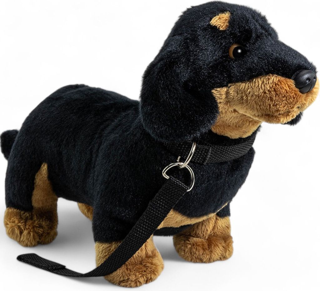 A plush dachshund toy with a leash.