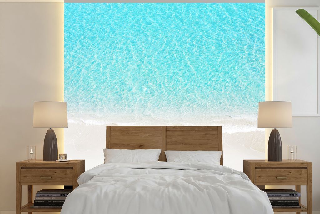 MuchoWow Fototapete für Wohnzimmer oder Schlafzimmer Wandtapete Vinyl Motivtapete Blau - Wasser - Strand - 240x240 cm - Schlafzimmer-Tapete