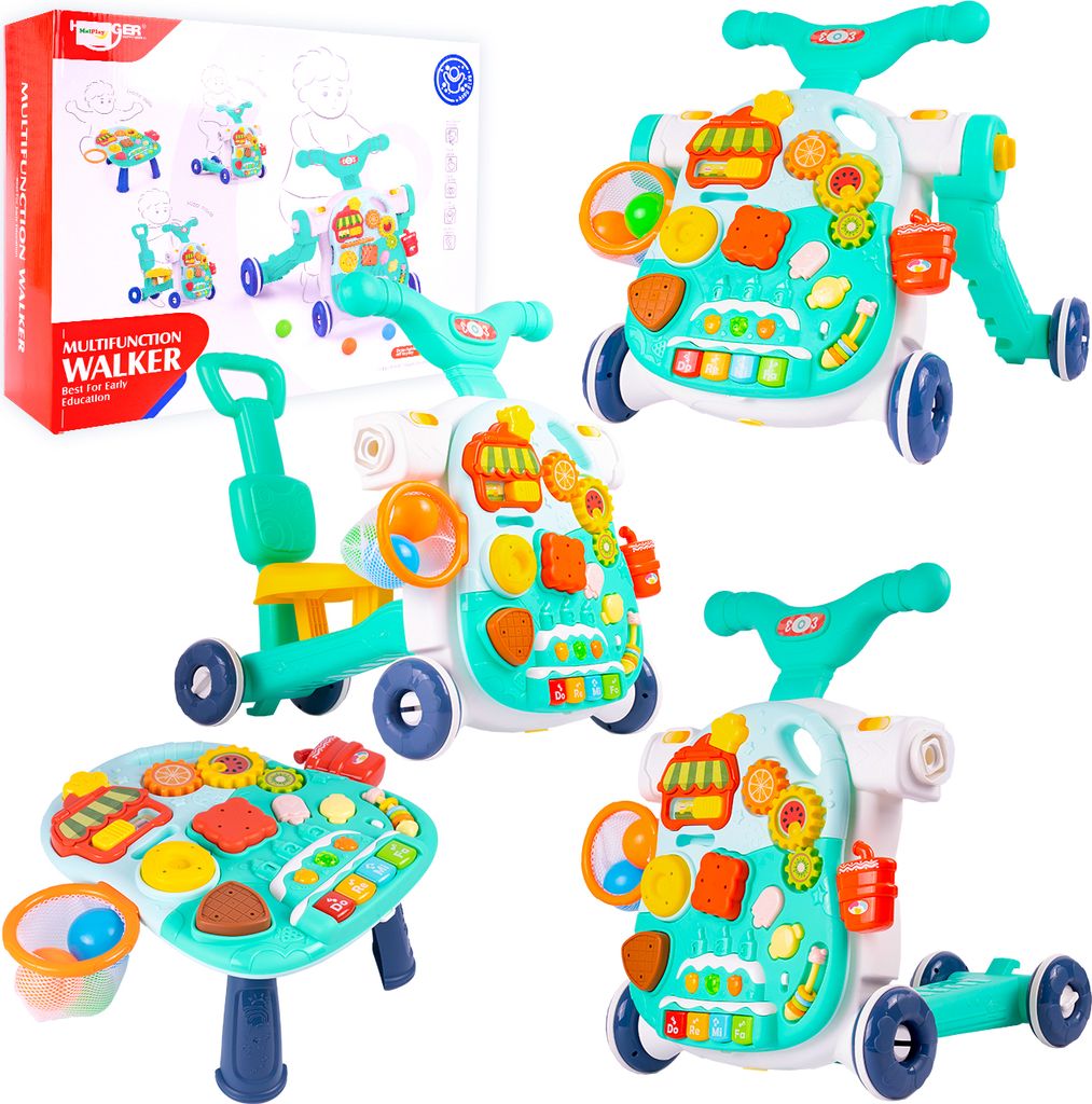 A collage of a multi-functional baby walker and activity table.