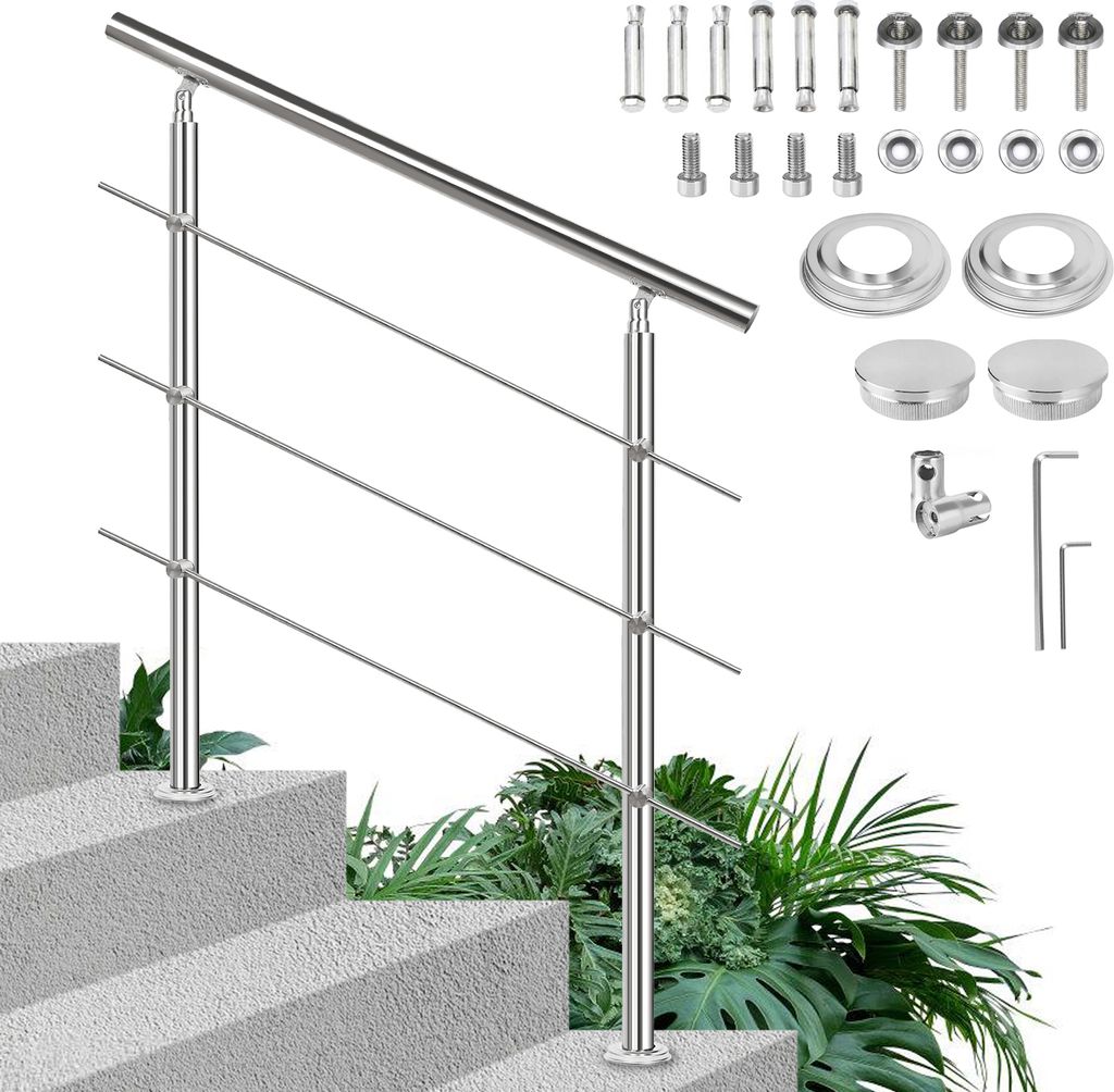 TolleTour Treppengeländer Geländer Edelstahl, Handlauf Geländer für Treppen, Wandhandläufe mit Kugelring Neigung und Höhe einstellbar, Silber...