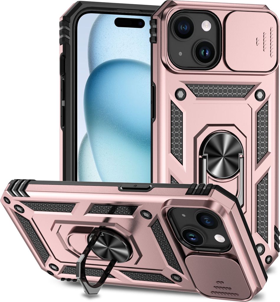iPhone 15 Hülle mit Schiebe Kamera Schutz und Ringhalter Ständer Robust Rüstung Schutzhülle für iPhone 15 Rosa