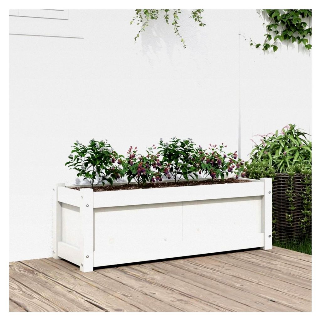 Pflanzkübel Weiß 90x31x31 cm aus massivem Kiefernholz, Hochbeet, Pflanzbeet, Blumenkasten, Blumentopf für Balkon, Garten, Terrasse