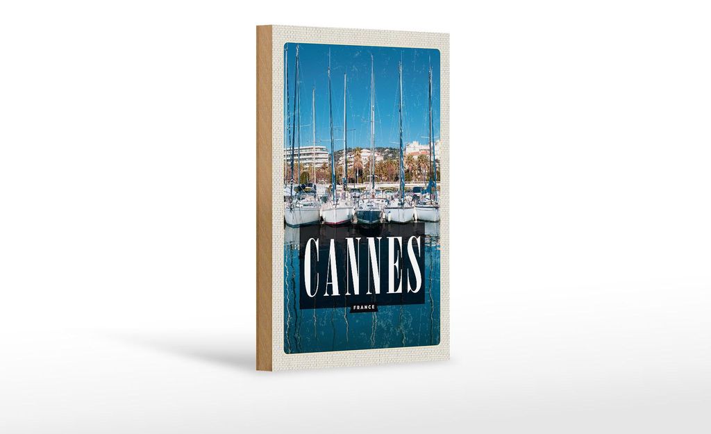 Holzschild Reise 12x18 cm Retro Cannes France Meer Urlaub Jacht