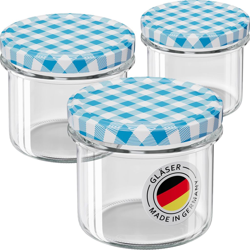 WELLGRO 6x Einmachgläser mit Schraubdeckel blau kariert - Produktbild 