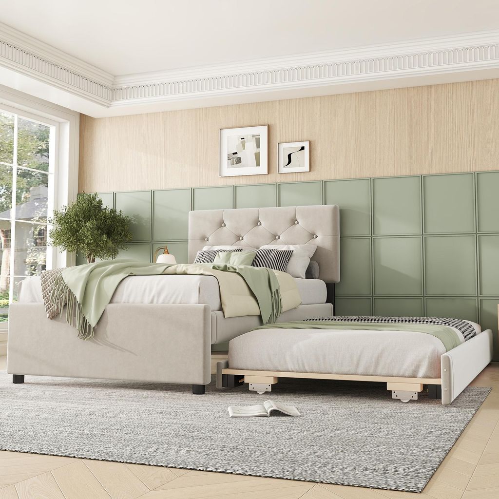 Flieks gestoffeerd bed 90x200 cm met uitschuifbaar bed, Productafbeelding 