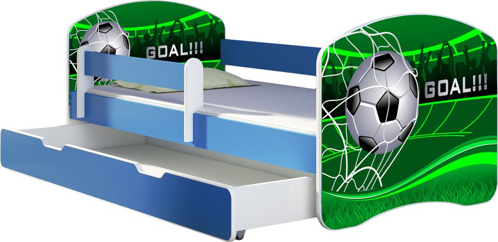 A children's bed with a soccer theme, featuring a soccer ball and net design, with a pull-out drawer.