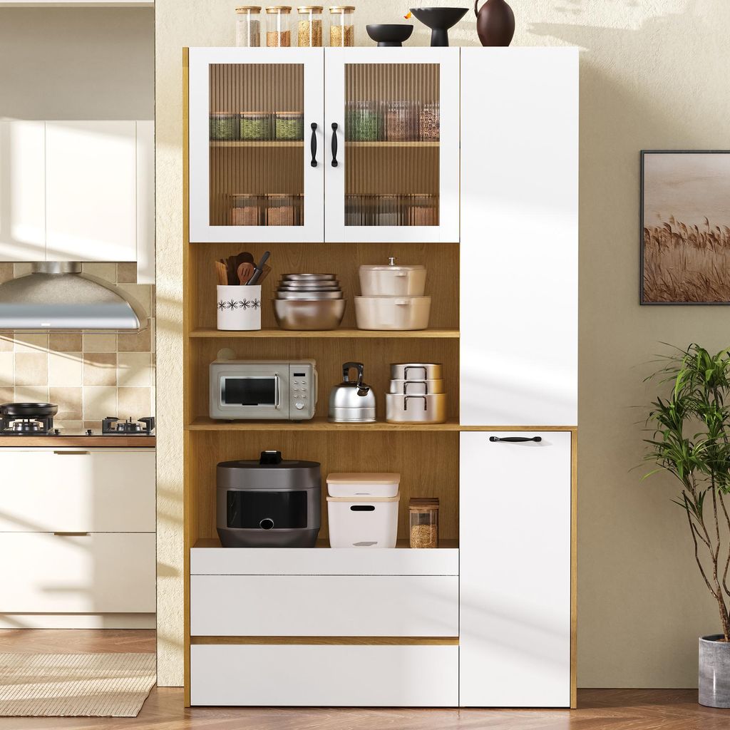 Highboard mit verstellbaren Regalböden und Schubladen, Buffetschrank mit ausziehbaren Regalböden und Riffelglas , Ideal für Esszimmer, Wohnzimme...