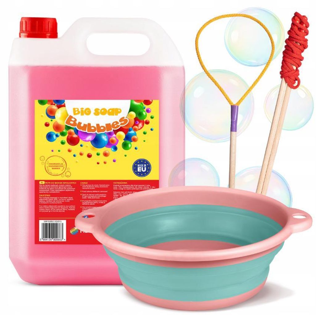 MBTOYS Riesen-Seifenblasen Set: 5 Liter Nachfüllpack, 6L XXL Schüssel & 2 Stäbe – Rosa/Blau, für Kinder ab 3 Jahren, Garten & Outdoor