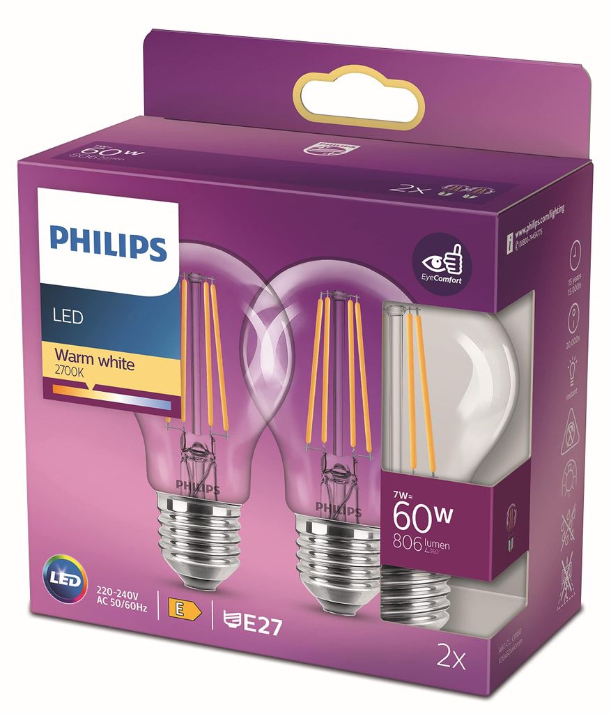 Philips Čirá žárovka s tradičním vzhledem 60 W, A60 2× E27, Obrázek produktu 