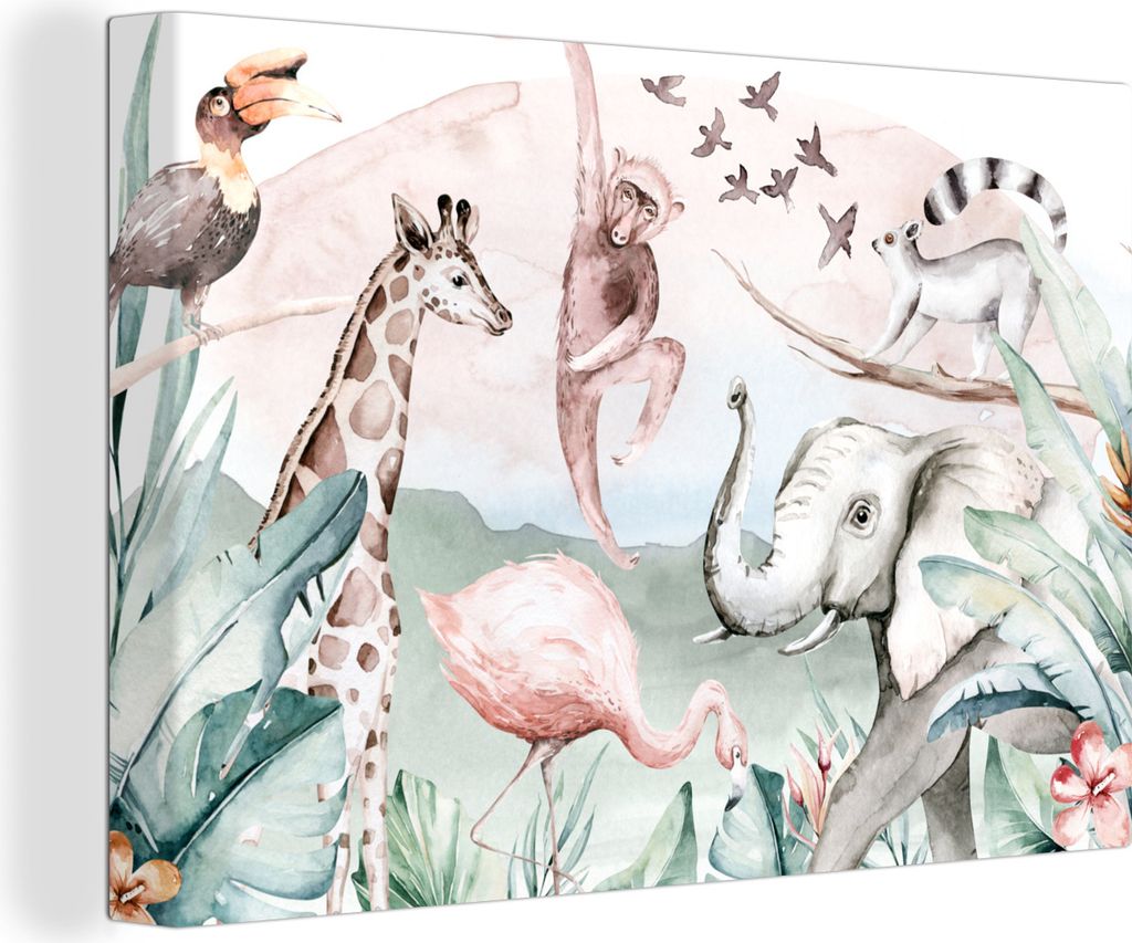 OneMillionCanvasses - Leinwandbilder - 150x100 cm, Dschungel - Tiere - Aquarell - Jungen - Mädchen - Kinder - Kinder, Wandbilder Kunstdruck Wand...