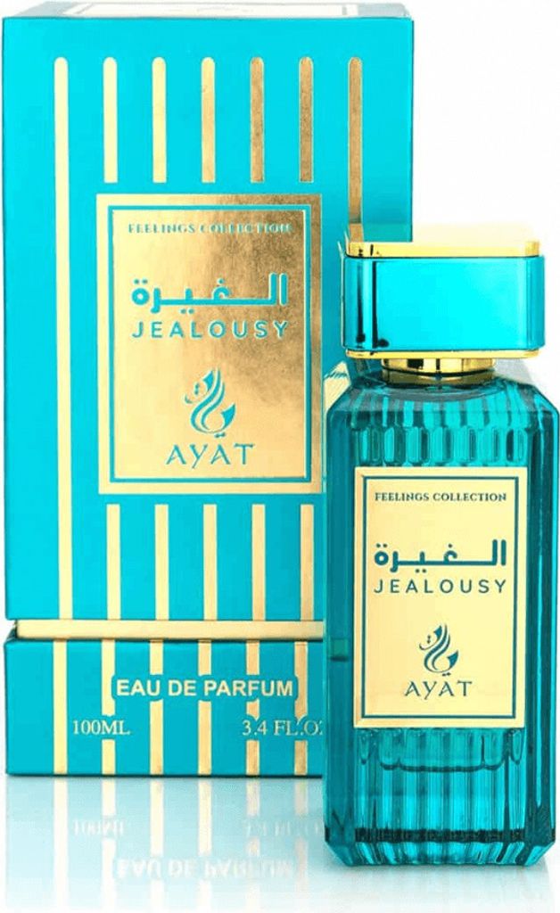 A bottle of Ayat Perfumes Jealousy EDP and its packaging are displayed against a white background.